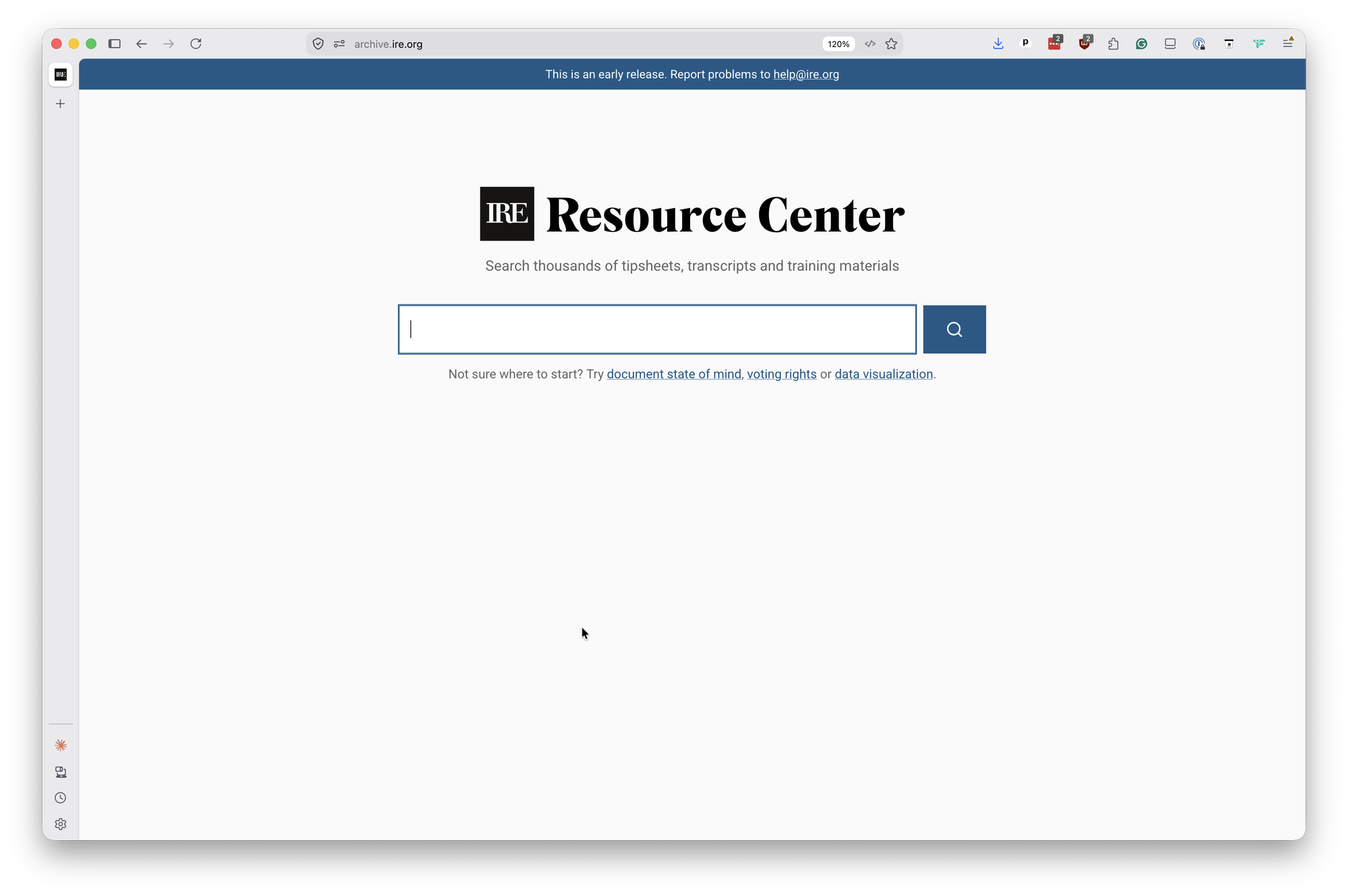 Screenshot of the IRE archive search page.