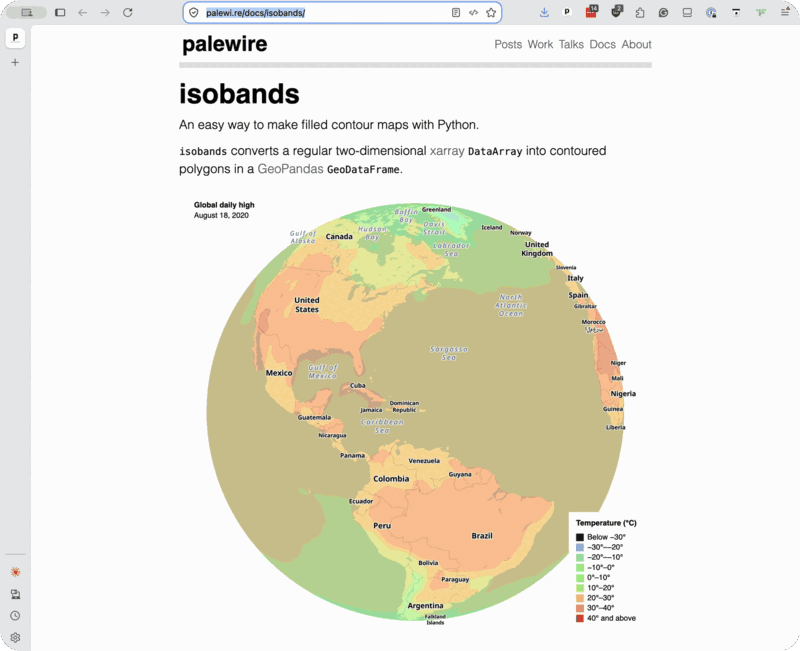 Animated browser window showing the isobands documentation and a global temperature map.