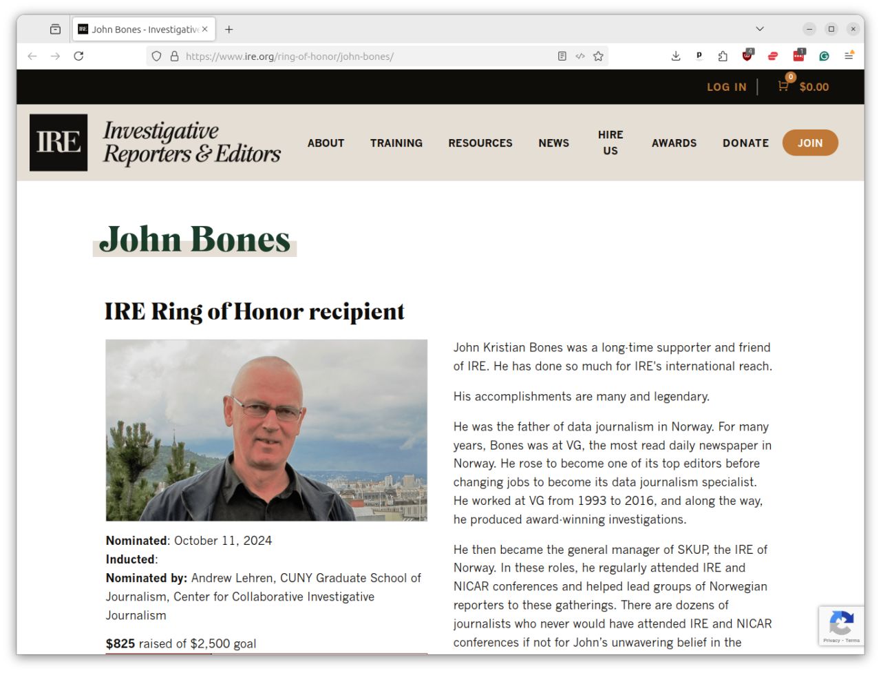 Screenshot of the IRE Ring of Honor page for John Bones, showing his portrait and the campaign's $2,500 fundraising goal.