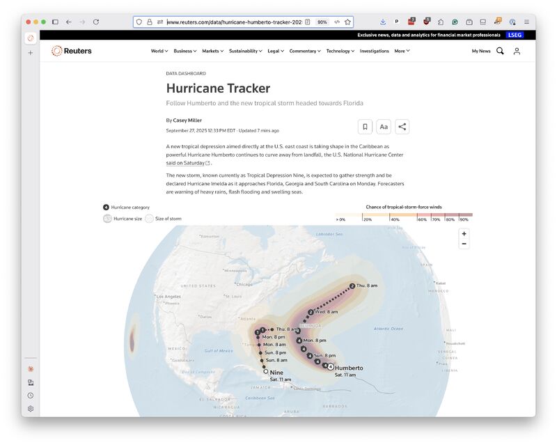 Browser-framed Reuters Hurricane Tracker map showing the projected path of Hurricane Humberto.