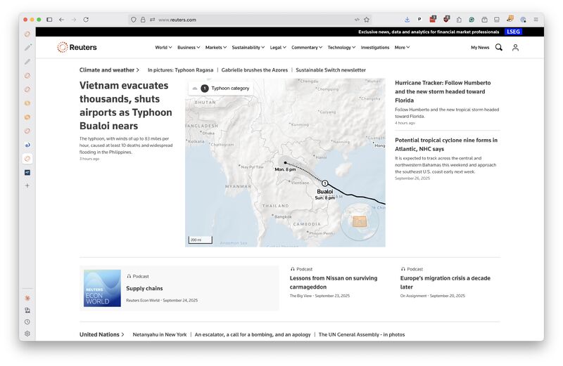Browser-framed Reuters.com homepage showing Typhoon Bualoi's forecast track.