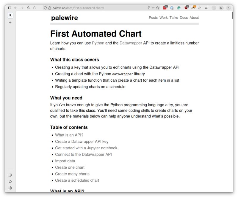 Browser-framed screenshot of the First Automated Chart tutorial on palewi.re.