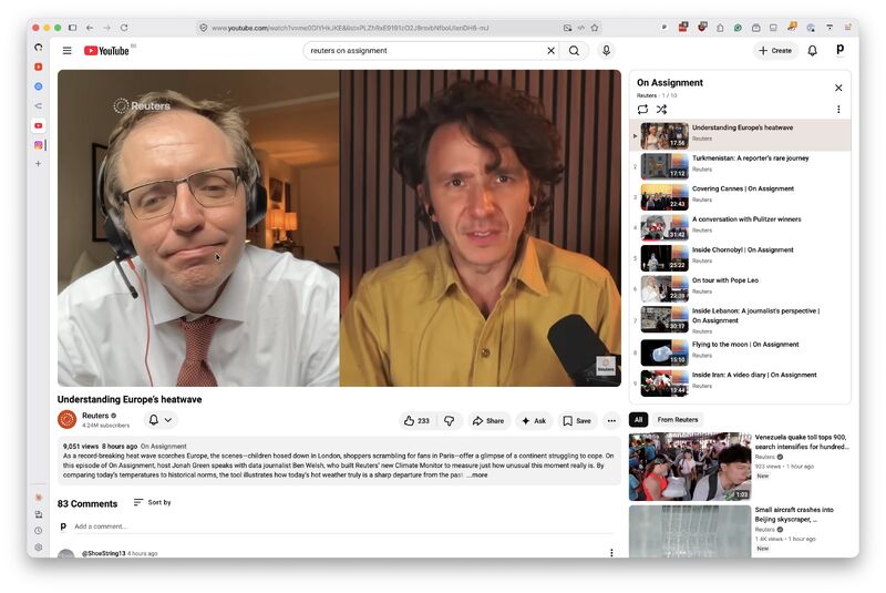 Ben Welsh, wearing headphones and a tie, appearing in a Reuters On Assignment interview on YouTube alongside host Jonah Green.