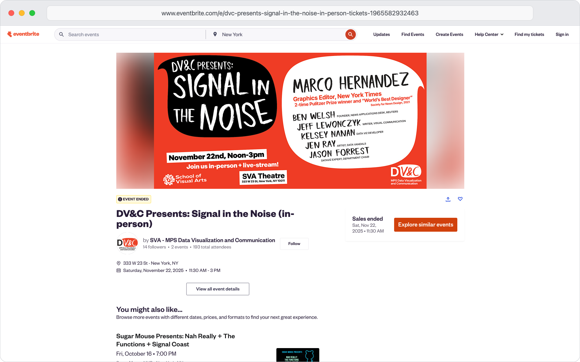 The Eventbrite listing for Signal in the Noise, with an orange event poster naming Marco Hernandez, Ben Welsh, Jeff Lewonczyk, Kelsey Nanan, Jen Ray and Jason Forrest.