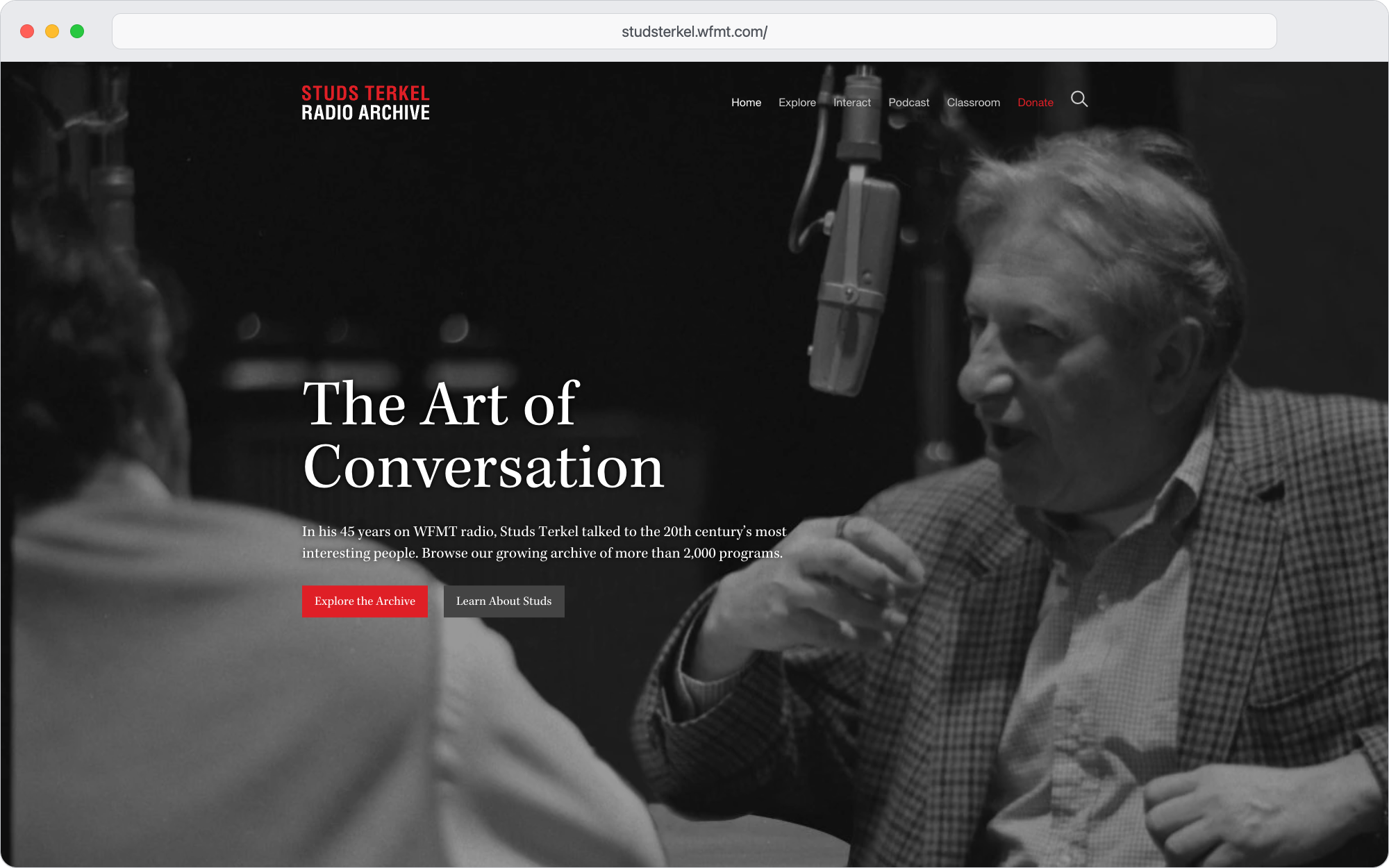 The Studs Terkel Radio Archive homepage, featuring a photograph of Terkel conducting an interview.