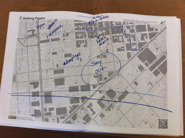 Hand-drawn annotations on a printed Tenderloin neighborhood map