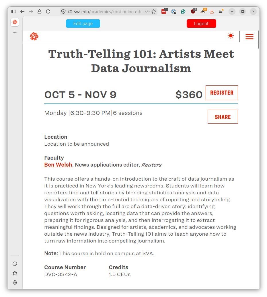 Truth-Telling 101 course graphic featuring colorful news-style illustrations and details for a fall 2026 School of Visual Arts class.